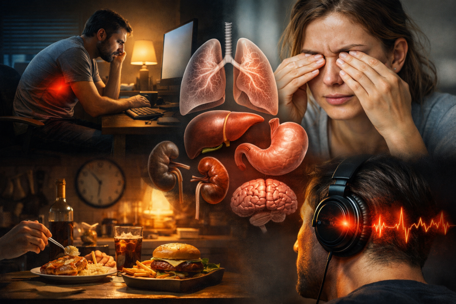 Collage showing stress and unhealthy lifestyle: tired man at a computer, exhausted woman, floating organs, burger and soda, and headphones with a heartbeat line.
