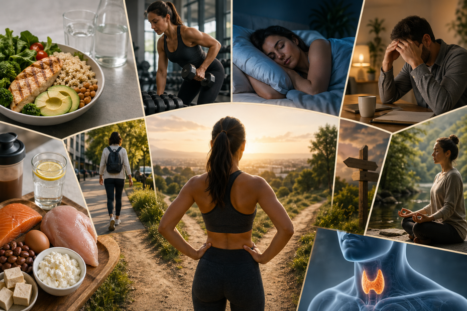 Wellness collage showing a fit woman on a sunset trail surrounded by images of healthy eating, exercise, sleep, and thyroid health.