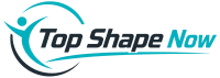 Logo for Top Shape Now: teal curved figure and the words 'Top Shape Now' on a black background