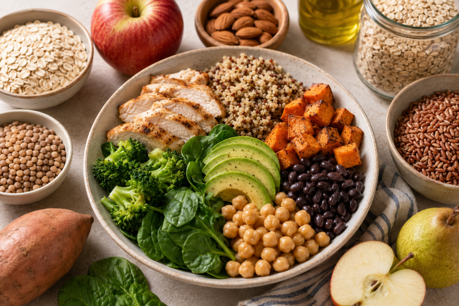 Bowl with grilled chicken, quinoa, avocado slices, chickpeas, black beans, broccoli, spinach and cubed sweet potatoes plus greens. Surrounded by oats, lentils and apples on the table.